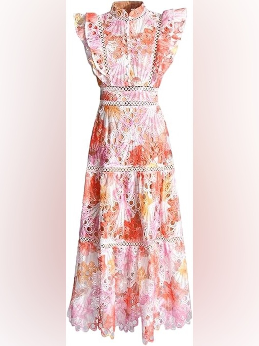 Amazon Floral Eyelet Tiered Maxi Skirt in Pink, Orange and Yellow